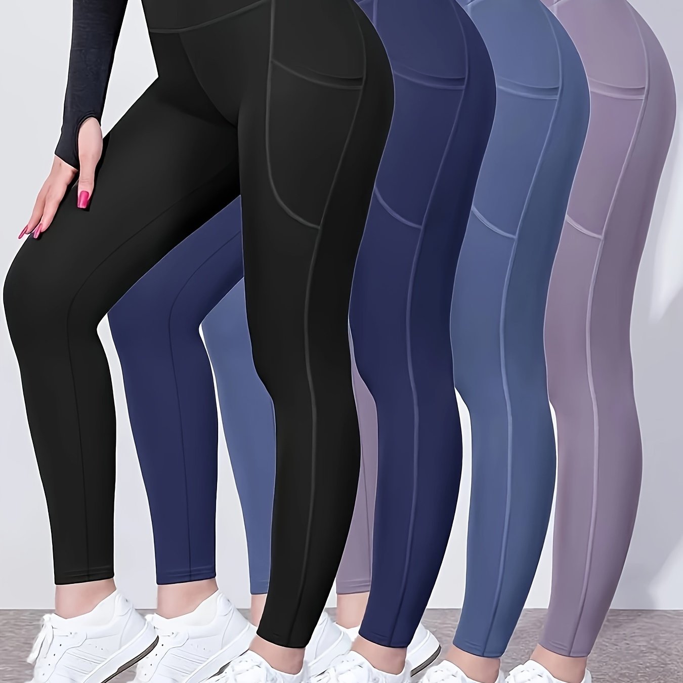 4pcs High-Waist Tummy Control Yoga Leggings - Stretchy, Slimming Activewear Pants with Pockets for Women