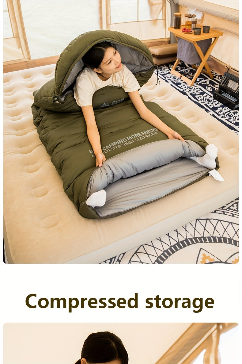 1-Person BISINNA Envelope-Style Sleeping Bag with Full-Zip Closure - Heavy-Duty Synthetic, Olive Green/Beige/Grey/White - Winter Warmth for Camping, Hiking & Backpacking - Portable Half-Zip Design Sleeping Pad Compatible Bag,