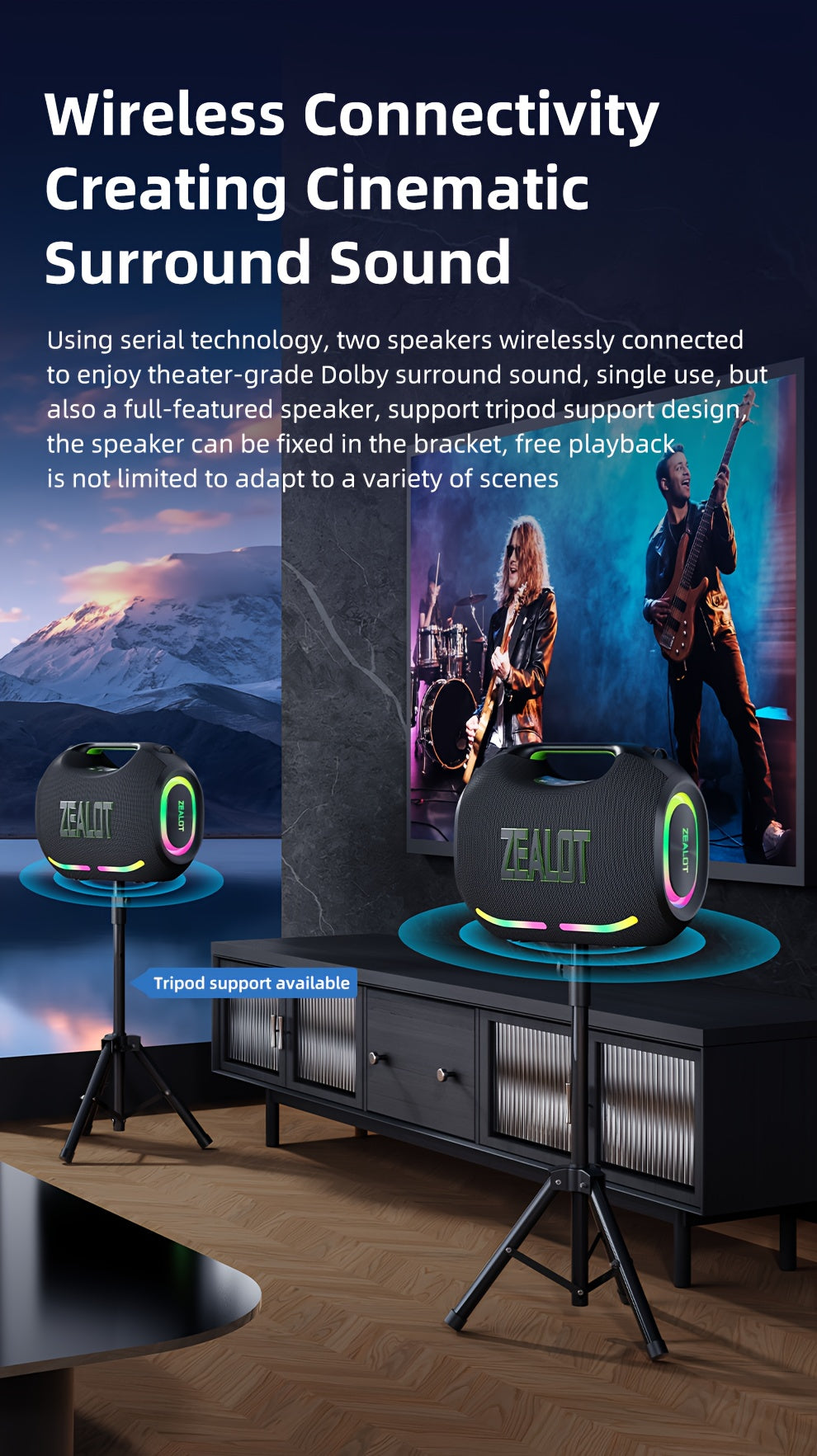 ZEALOT ZE01 120W High-power Wireless Speaker, Outdoor Portable, IPX5, And 4 Speakers, Built-in 24000mAh Battery, With RGB Color Lights, SD, USB, AUX, Internet Dual Pairing Function, Hands-free Calling, Supports Mobile Phones,