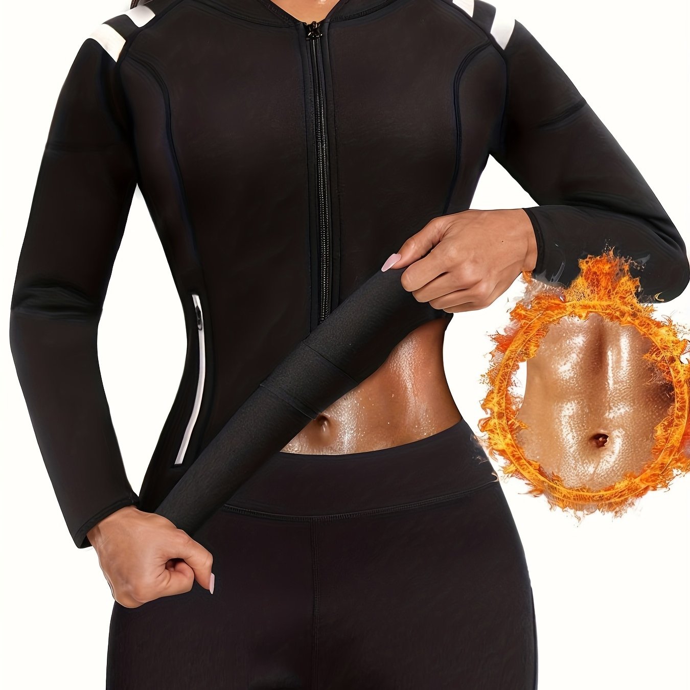Long Sleeve Full Zipper Sweat Sauna Suit, Waist Training Weight Loss Slimming Fitness Workout Sports Jacket, Women's Clothing