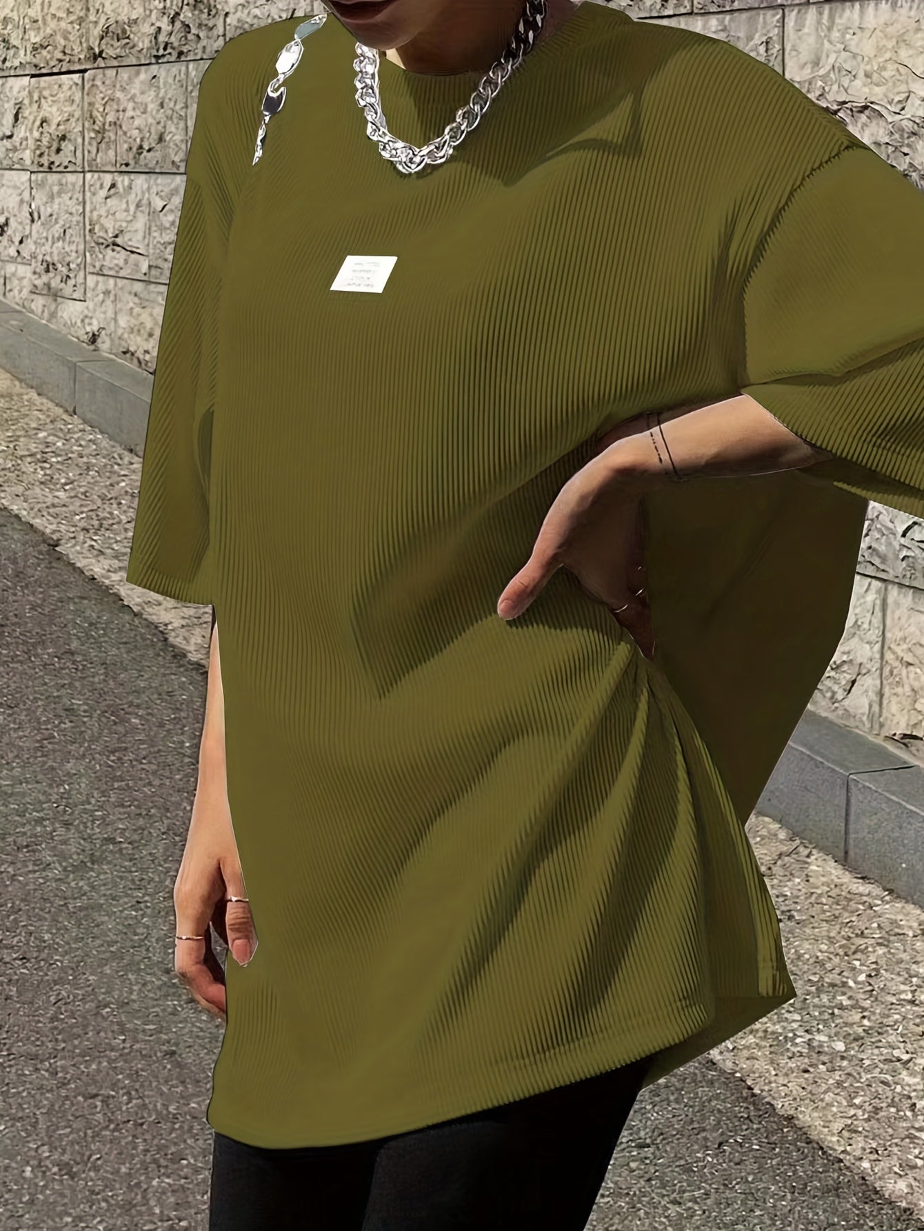 Oversized Drop Shoulder Ribbed T-Shirt, Casual Crew Neck Short Sleeve T-Shirt For Spring & Summer, Women's Clothing