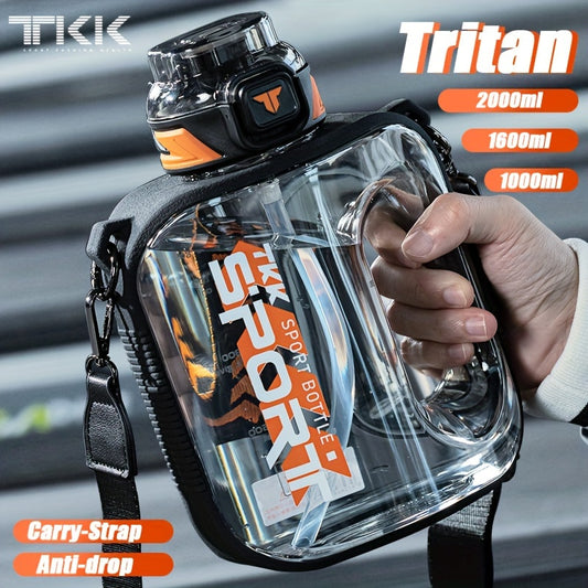 TKK Letter Pattern Plastic Water Bottle, Leakproof Sports Drink Bottle With Handle & Shoulder Strap, Portable For Fitness, Travel