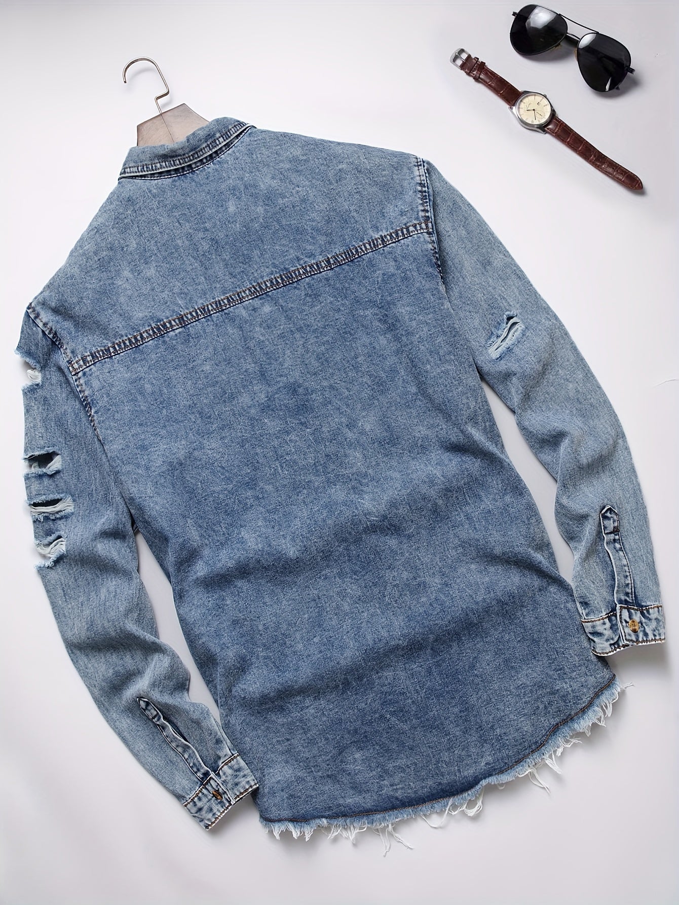 Men's Trendy Ripped Design Casual Button Up Long Sleeve Denim Shirt, Men's Clothes For Spring Summer Autumn, Tops For Men