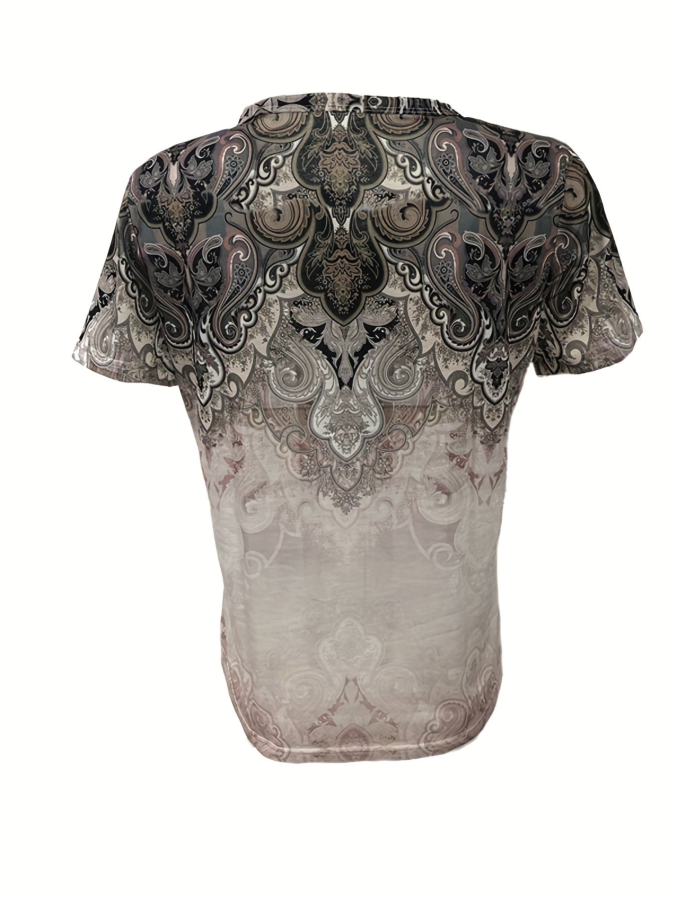 Paisley Print Notched Neck T-Shirt, Casual Short Sleeve T-Shirt For Spring & Summer, Women's Clothing