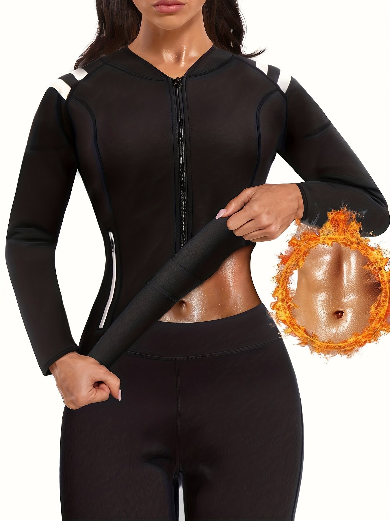 Long Sleeve Full Zipper Sweat Sauna Suit, Waist Training Weight Loss Slimming Fitness Workout Sports Jacket, Women's Clothing