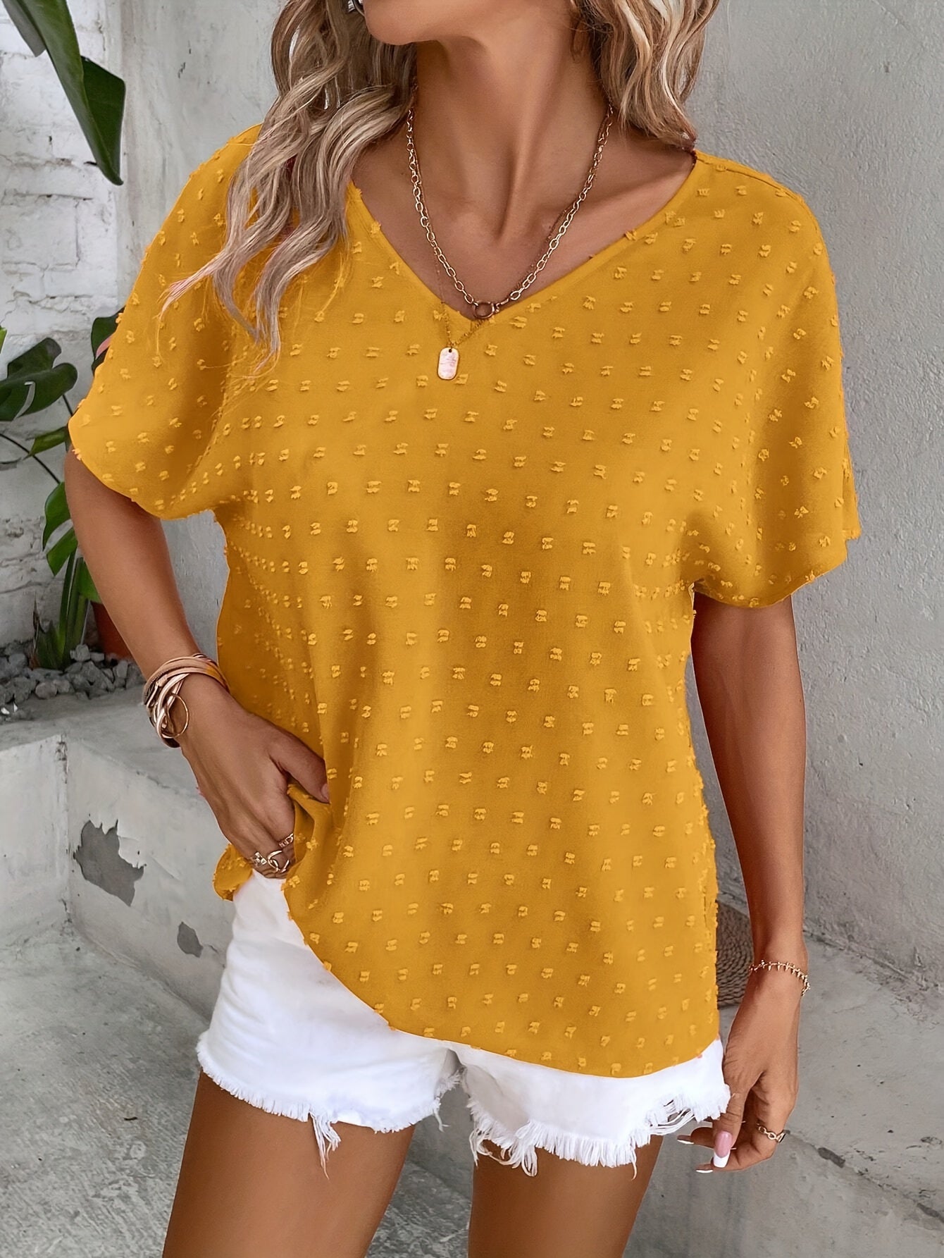 Swiss Dot V-neck Solid Blouse, Casual Batwing Sleeve Blouse For Spring & Summer, Women's Clothing