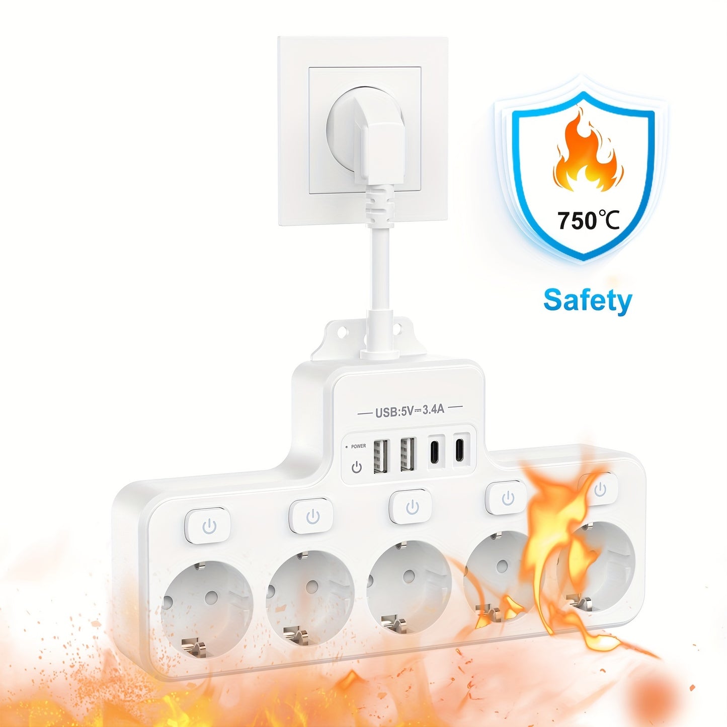 A 9-In-1 Power Strip with USB, Featuring 5 EU Sockets with Individual And Master Switches, 2 USB-A And 2 USB-C Ports, Flexible Cable Sockets, Wall-Mounted Design, Suitable for Home, Kitchen, Office, And Travel.