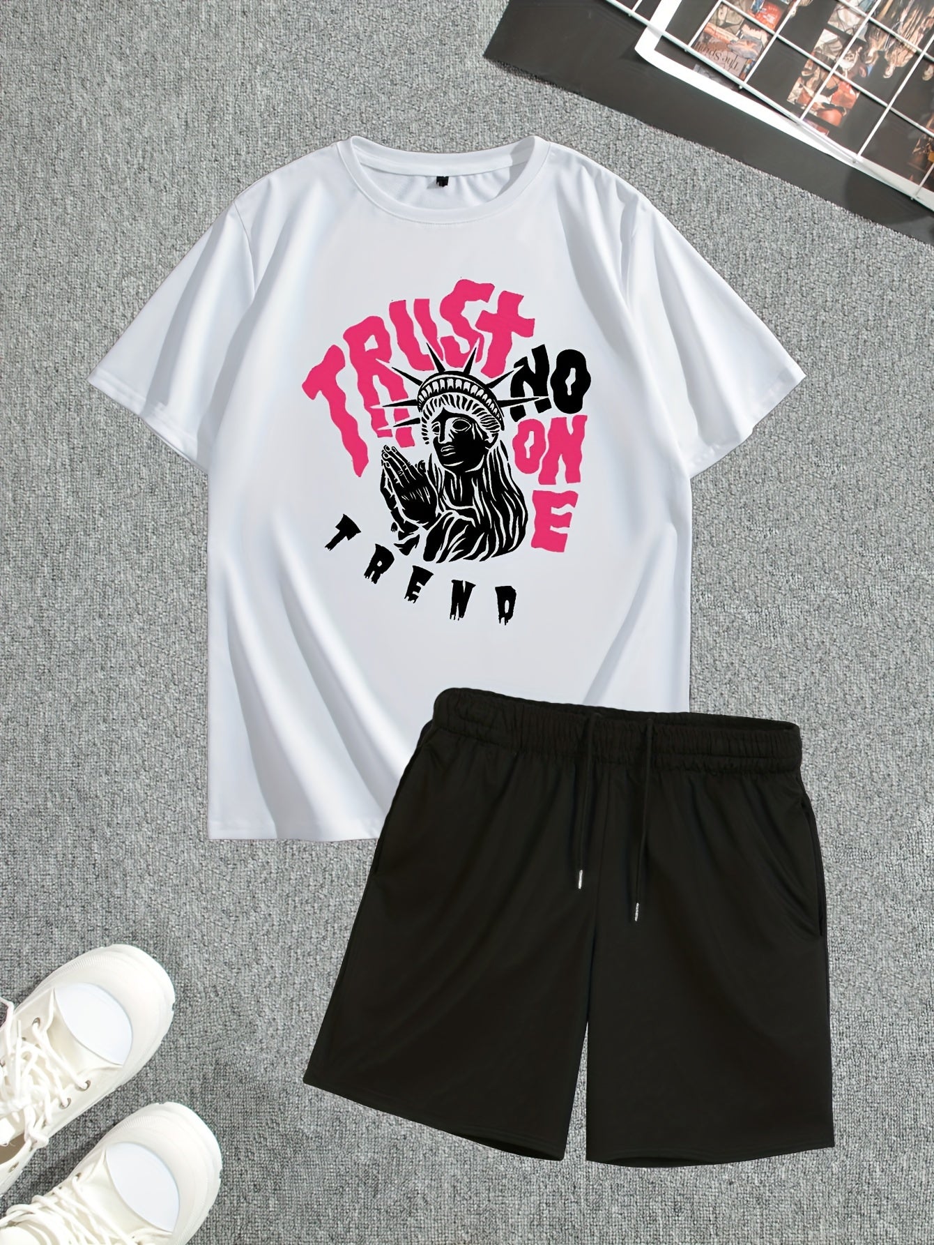 Men's Street Style Summer 2PCS Outfits, Male's Trend TRUST Graphic Short-sleeve Crew Neck T-shirt Drawstring Shorts Set, Casual Clothes For Men