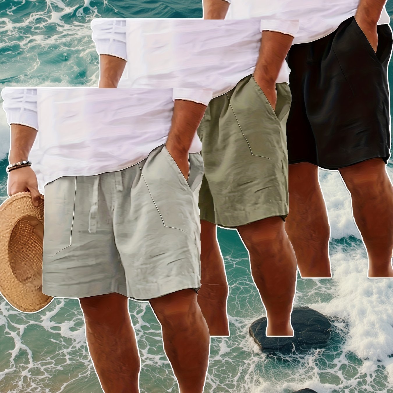 Men's Summer Shorts, Drawstring Elastic Waist, Straight Leg Solid Color Breathable Casual Beach Capri Pants - Three-Pack