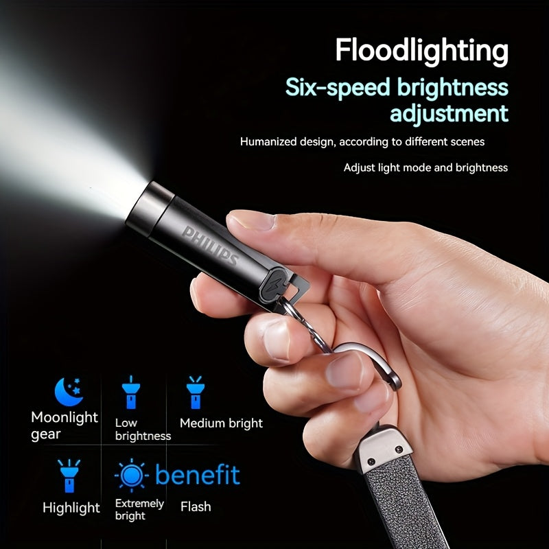 PHILIPS Bright light mini flashlight Portable pendable keychain purple light flashlight Tpye-C charging night commute travel essential, Camping Gear, Emergency Light, Lightweight Flashlight, Typec Charging, Powerful Beam, Han