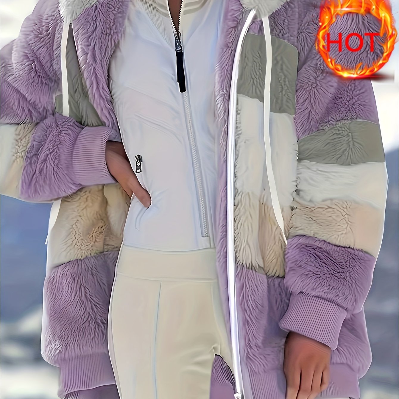 Women's Plush Faux Fur Hooded Jacket - Loose Fit Color Block Coat with Blue/Beige/White/Black Design, Long Sleeve Winter Warmth, Machine Washable for Casual & Formal Outfits, Ladies Winter Coats, Autumn Layering Piece, Formal