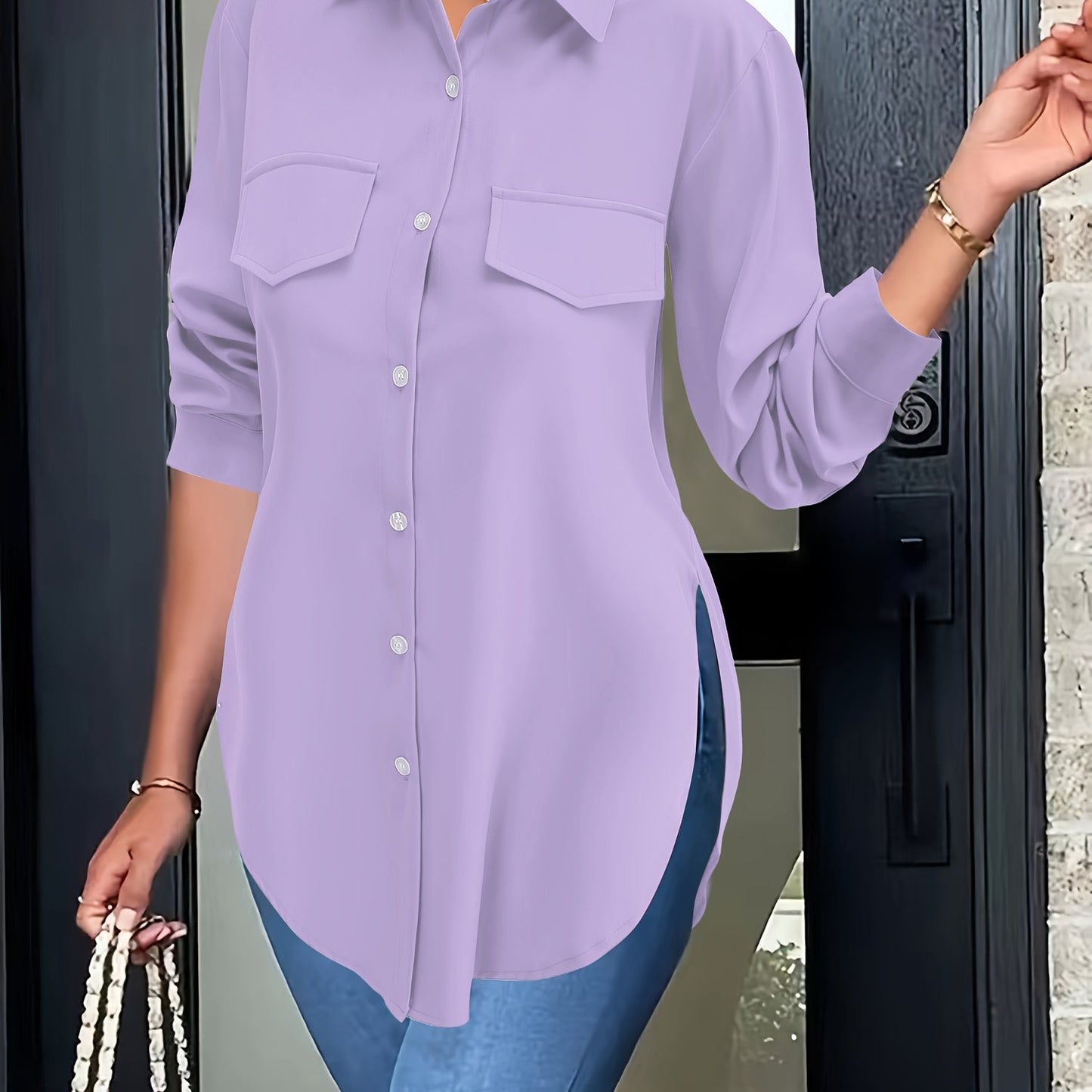 Plus Size Curved Hem Blouse, Casual Button Front Collared Blouse For Spring, Women's Plus Size Clothing