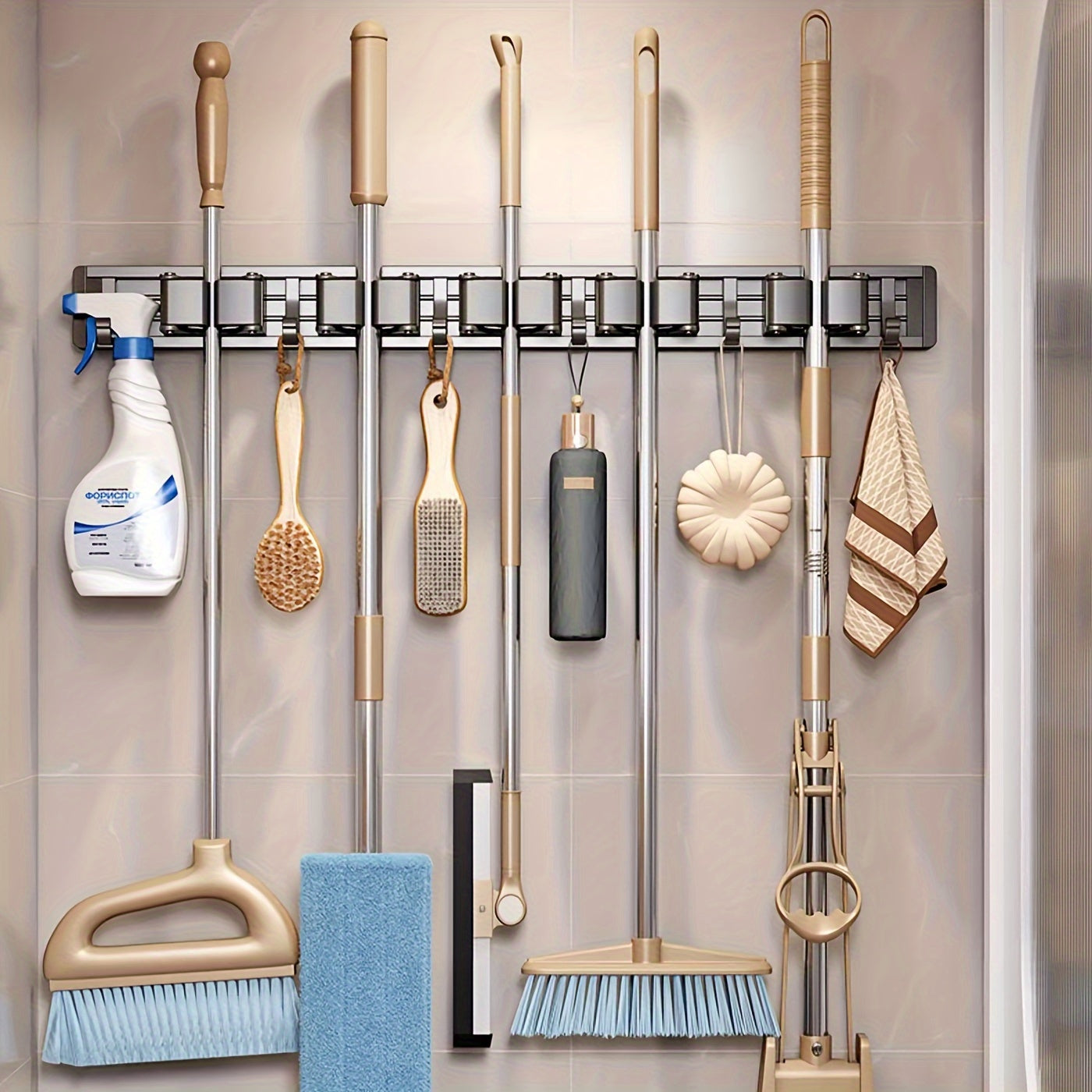 Bathroom Storage Rack Metal Mop & Broom Holder with Adjustable Hooks, Wall-Mounted Storage Organizer for Home, Kitchen, Garden, Laundry, Garage - Lacquered, Space-Saving Shelf for Mops, Brooms, Tools, Shelves