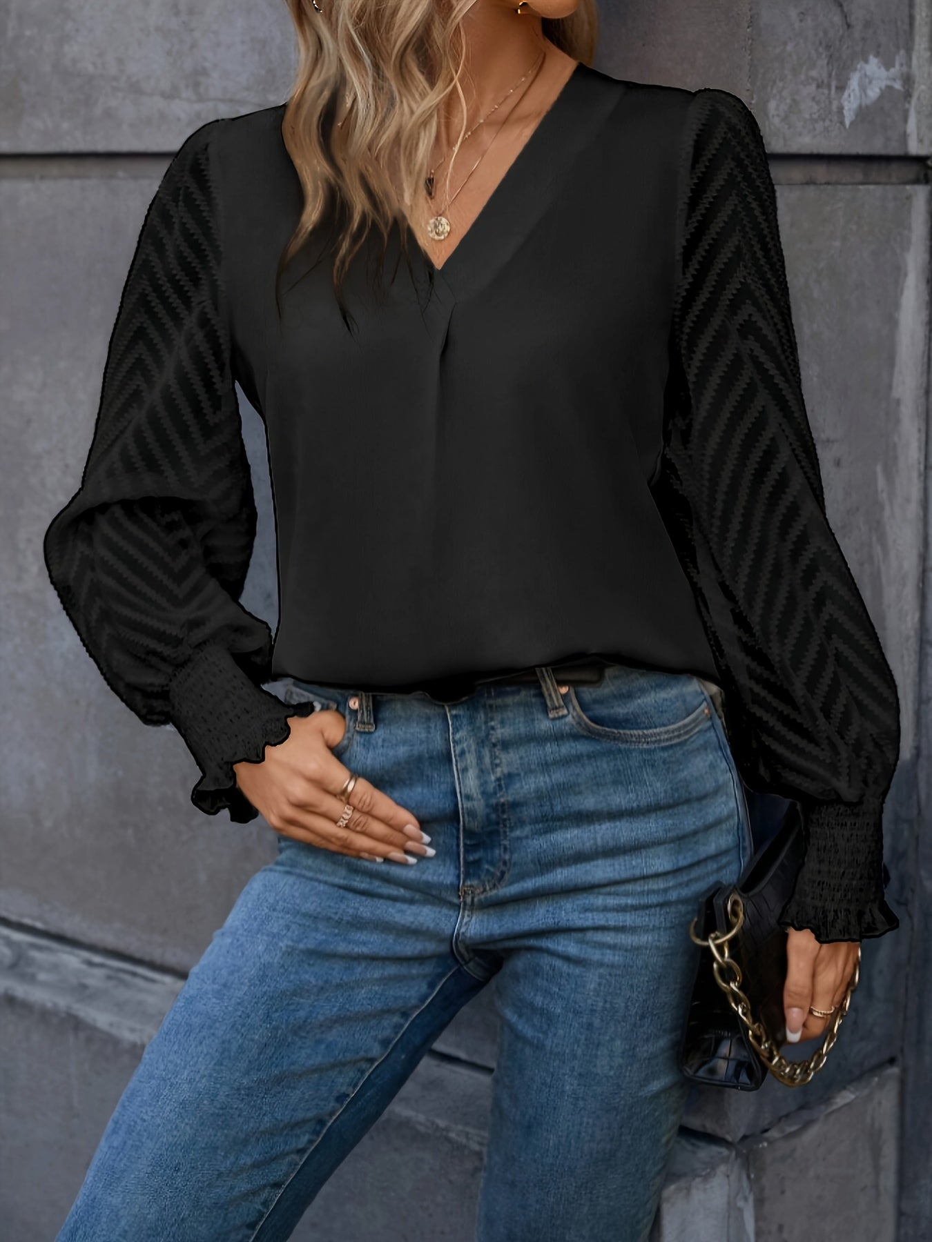 Solid Textured Mesh Splicing Blouse, Elegant V-neck Lantern Sleeve Blouse For Spring & Summer, Women's Clothing