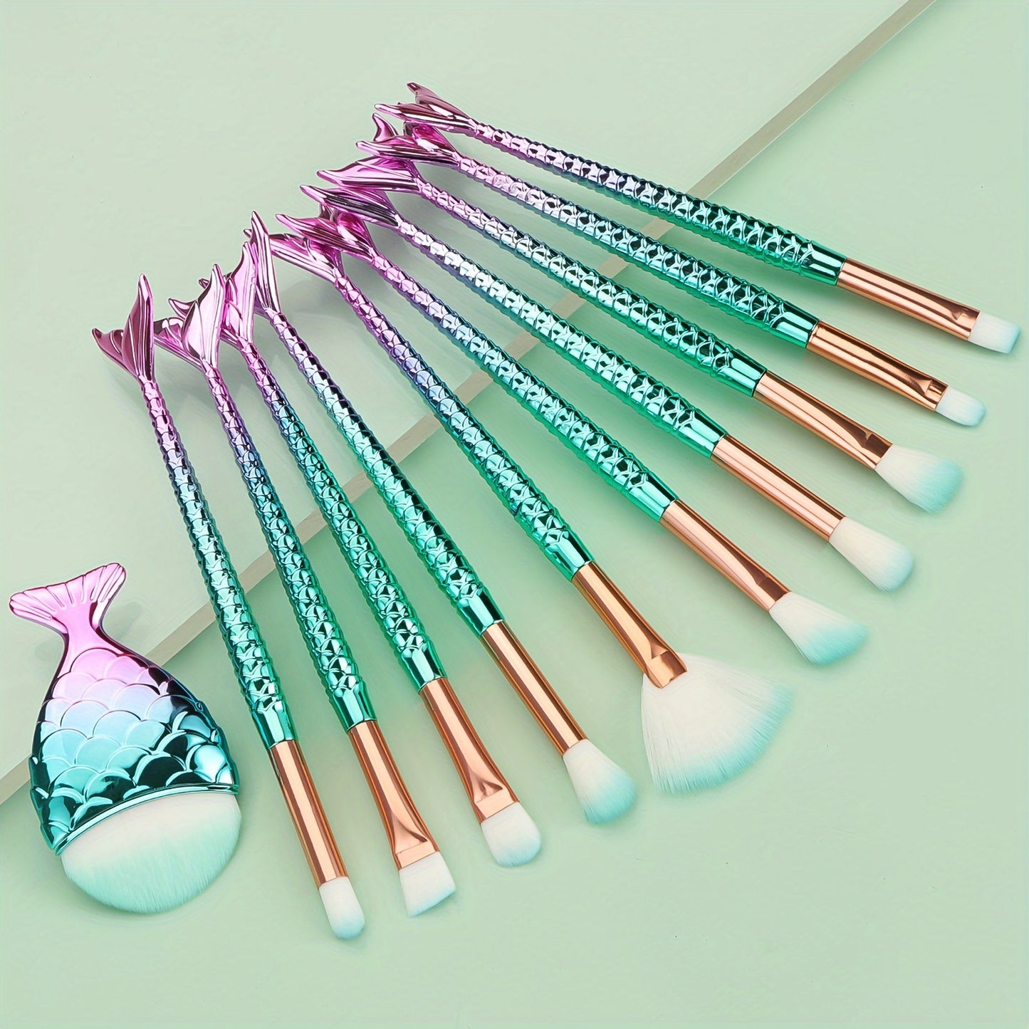 11pcs Mermaid Makeup Brush Set - Fish Tail Design, Nylon Bristles for All Skin Types, Fragrance-Free Beauty Tools