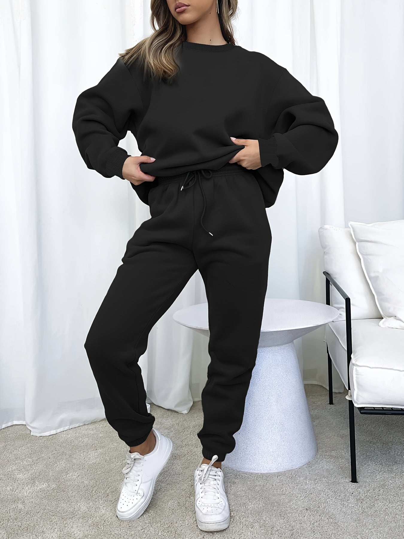 Solid Casual Two-piece Set, Crew Neck Long Sleeve Tops & Drawstring Jogger Pants Oufits, Women's Clothing