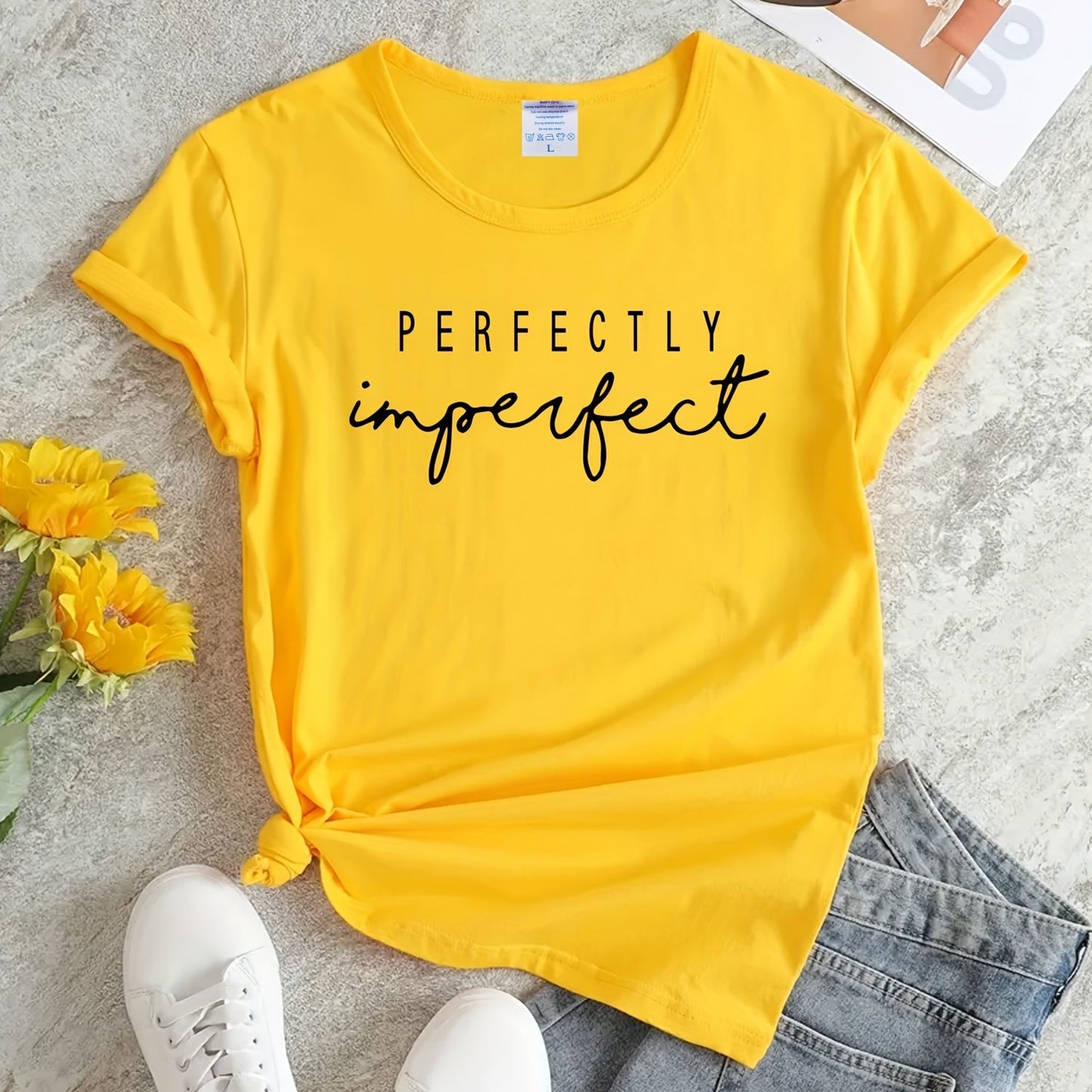 Letter Print Crew Neck T-shirt, Casual Loose Short Sleeve Summer T-Shirts Tops, Women's Clothing