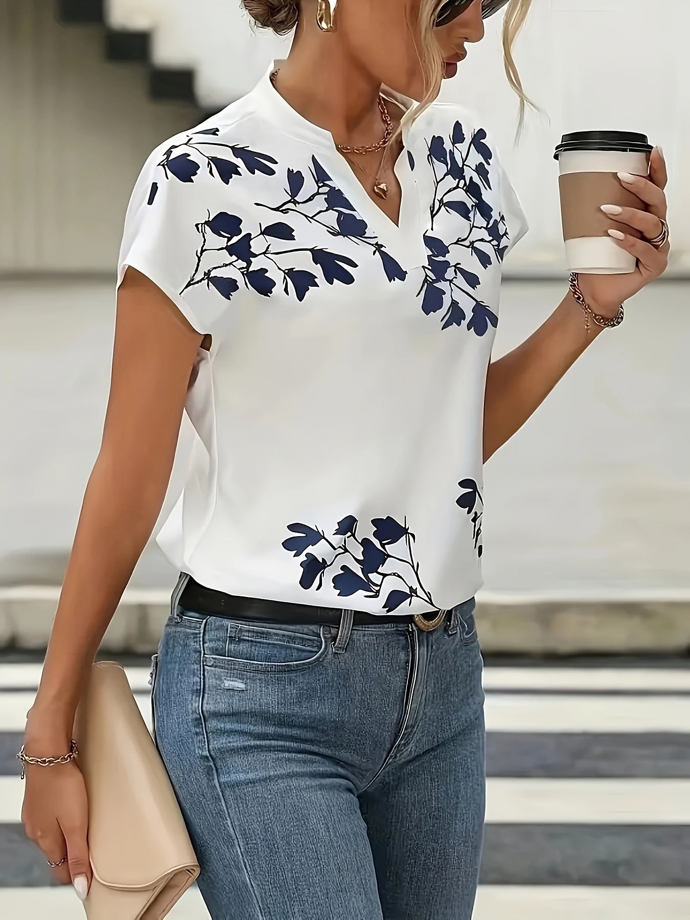 Floral Print V Neck Blouse, Boho Short Sleeve Top For Spring & Summer, Women's Clothing