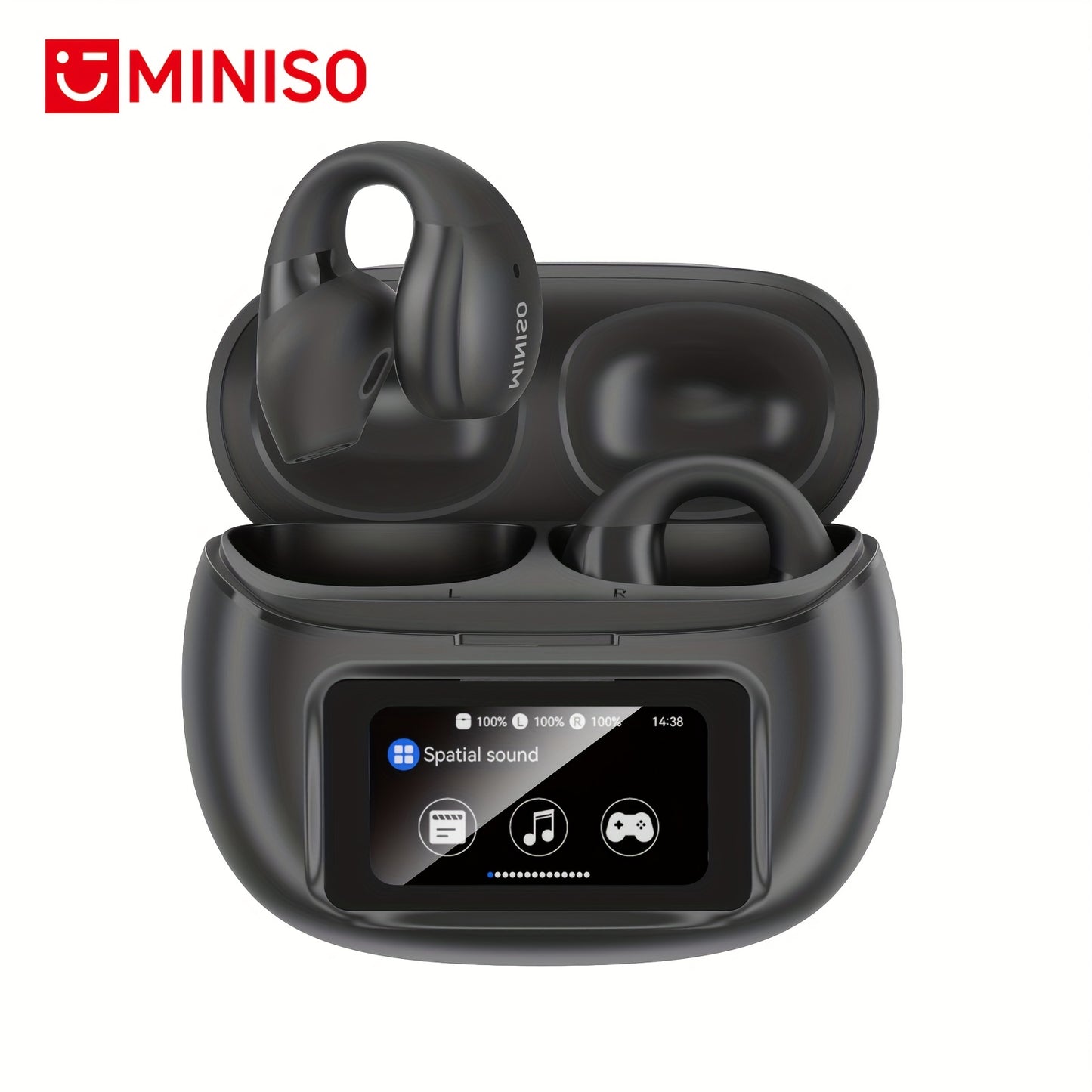 Miniso X29 Open-Ear Wireless Earbuds with Touch Screen & Full Color Display, HiFi Sound, Long Range Wireless Headphones, -C Charging Case, Built-in Mic, Compatible with / Smartphones, Compatible with 150+ Apps (Spanish/Englis