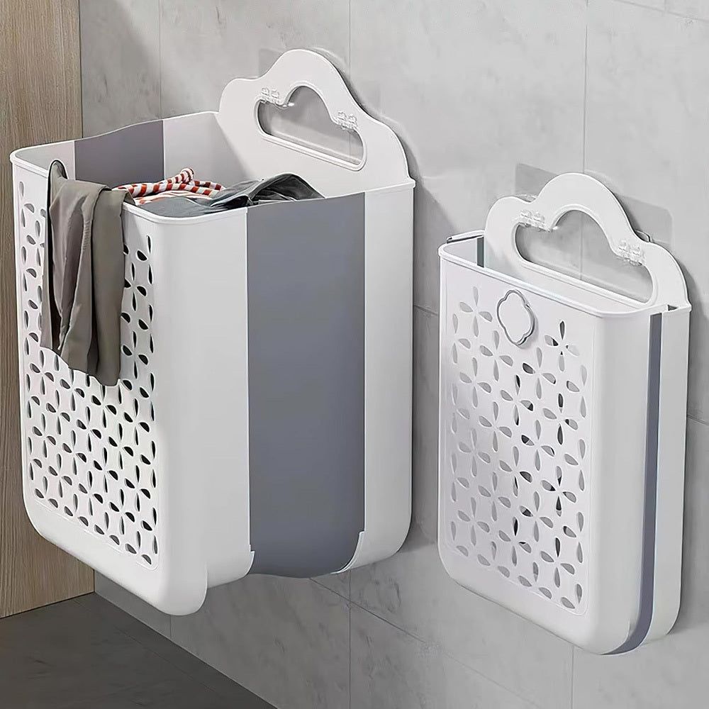 ZREE Large Wall Mounted Laundry Basket (60L, 27x19x39cm) - Foldable Design, Machine Washable, Space saving Bathroom/ Bedroom Dirty Clothes Collector (White/ Grey), Laundry Baskets, Space Saving Laundry Solution, Wall Mounted