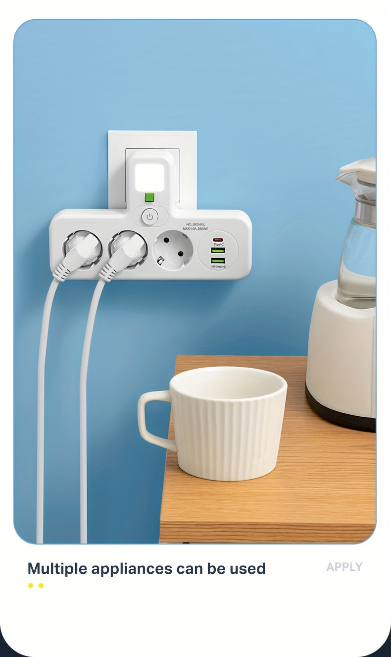 European Plug USB Adapter with 2 USB Ports, 1 C-Shaped Independent Switch, No-Blocking Compact Design, 10A 2500W, Suitable for Home Office Kitchen, Modern Plug Design, Durable Power Outlet