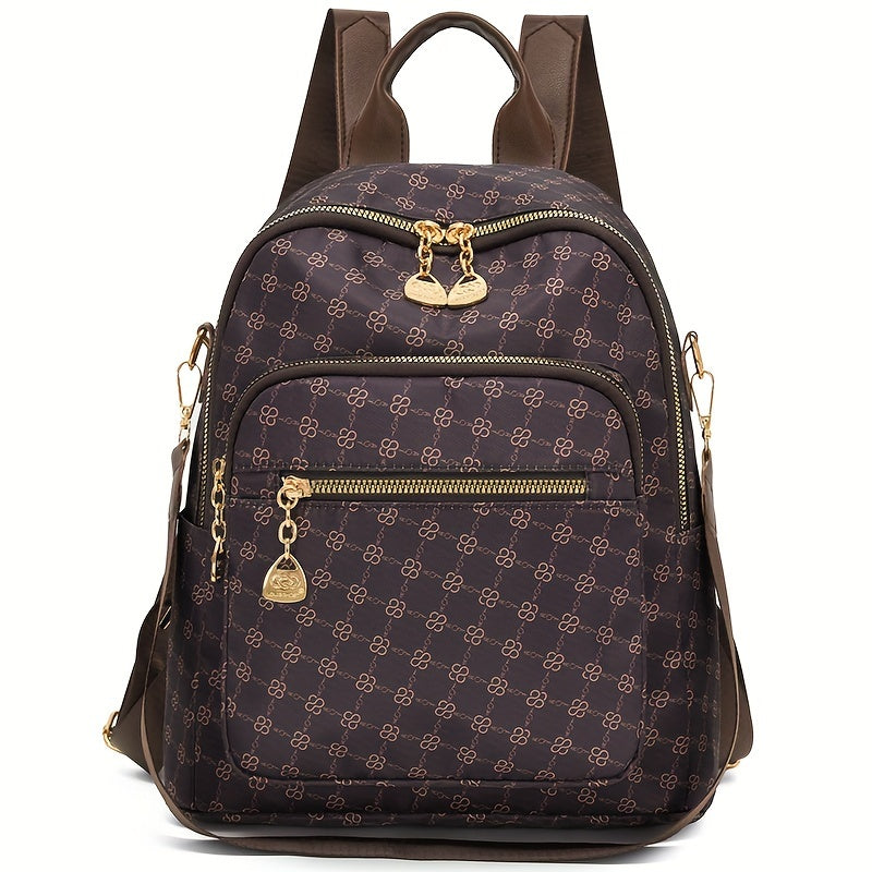 Women's Clover Backpack - Large Capacity, Adjustable Straps,, Zip Closure, Geometric Pattern, Beige//Black, Casual College Style, Perfect for Students and Travel, Backpack for School
