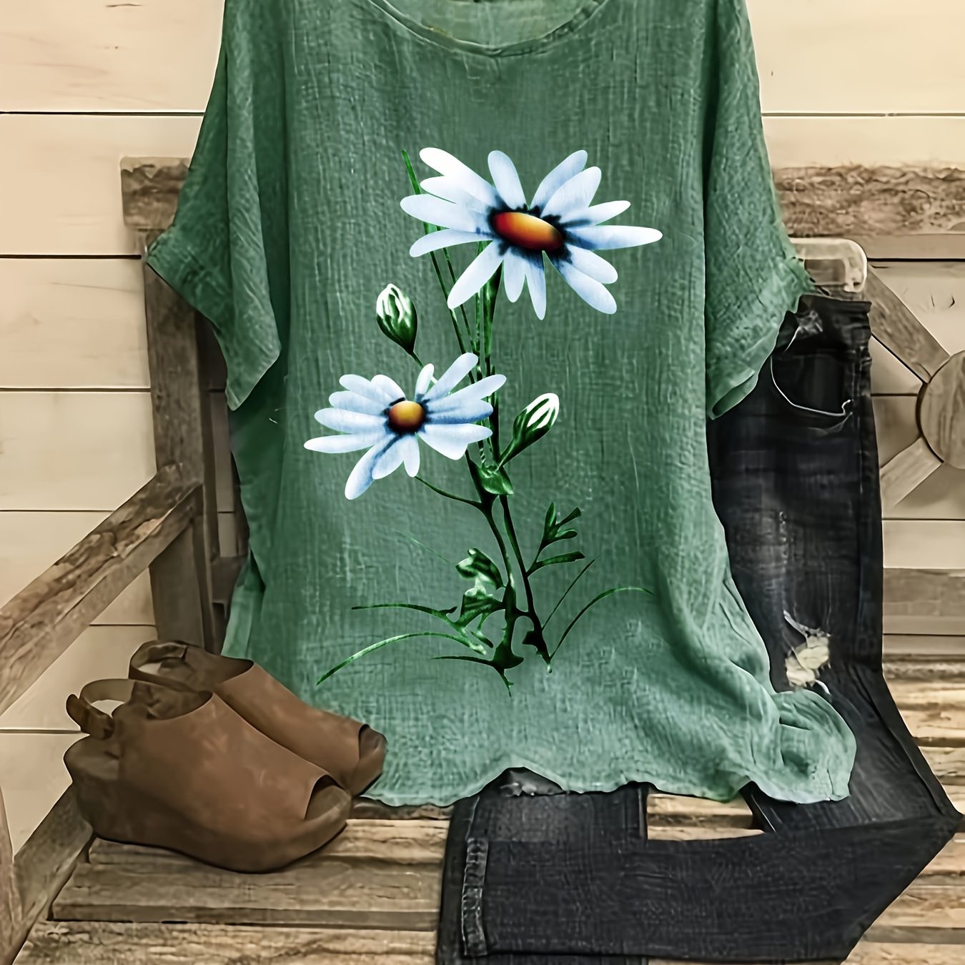 Floral Print Crew Neck Blouse, Casual Short Sleeve Blouse For Spring & Summer, Women's Clothing