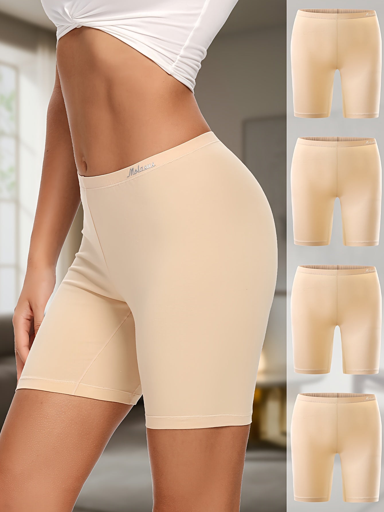 Women's Cotton Boyshorts Underwear 4-Pack - Comfortable Full Coverage Boxers, Knit Fabric, Solid Color, Simple Style, 95% Cotton 5% Spandex
