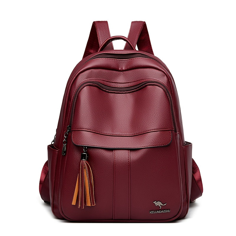 Women's 2025 New Style Synthetic Backpack with Tassel Charm - Glossy Black Soft Shell Travel Backpack, Detachable Adjustable Shoulder Straps & Zipper Closure, Spacious Laptop Compartment & Practical Pockets for Work, School,