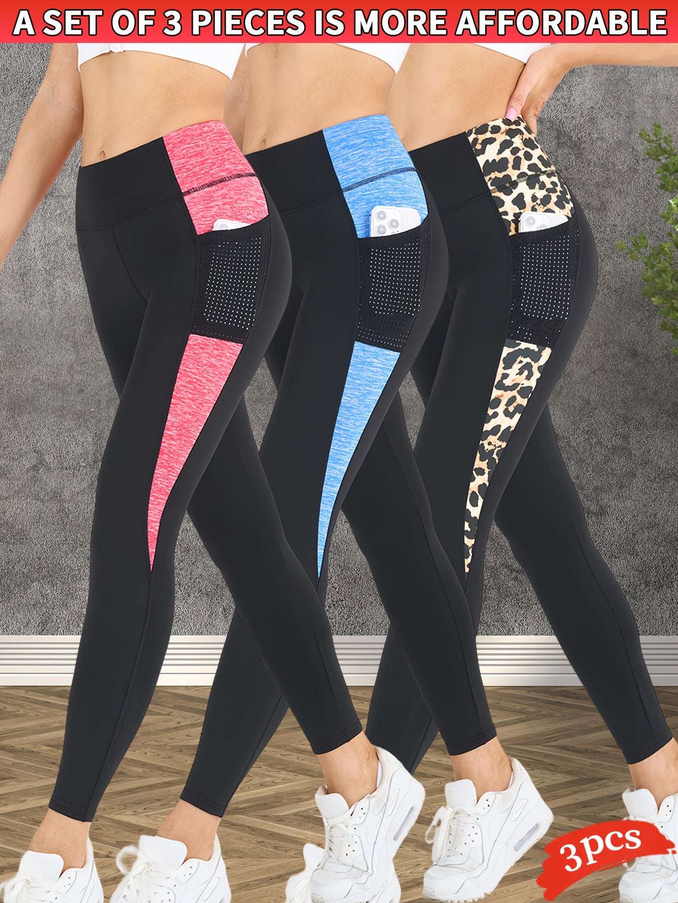 3-Pack Women's Yoga Pants Non-See-Through High-Waisted Workout Leggings - Sweat Absorbent Quick-Dry Yoga Pants with Side Pocket, Stretchy Gym Running Pilates Pants for Women (Black/Gray/Pink Accents - Affordable 3-Pack Deal),