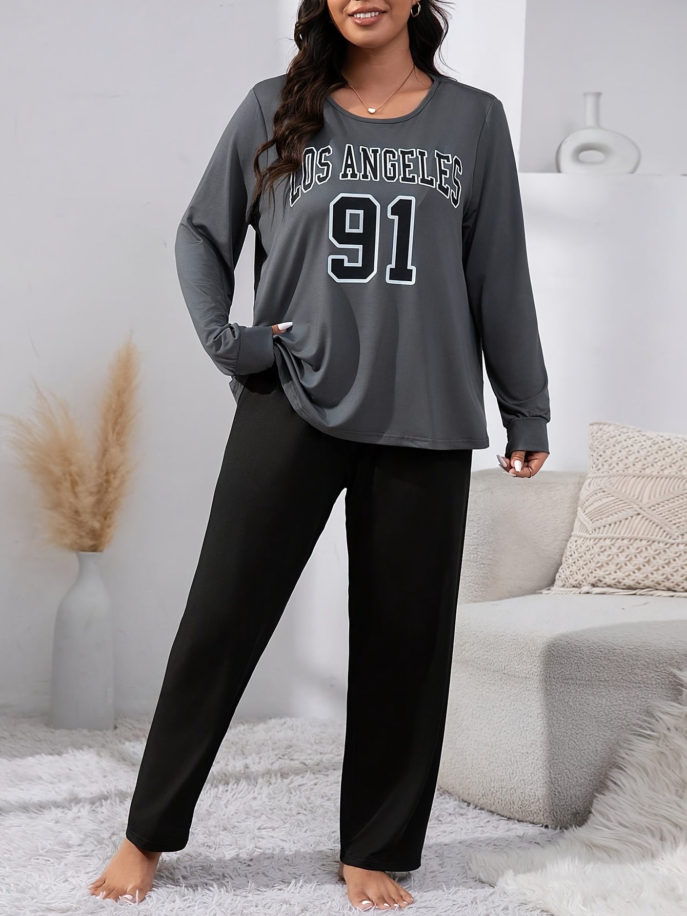 Women'S Plus Size Los Angeles 91 Graphic Pajama Set - Gray & Black Long Sleeve Crew Neck Top with Matching Pants, Stretchy & Comfy Loungewear, Pajama Sets for Adults