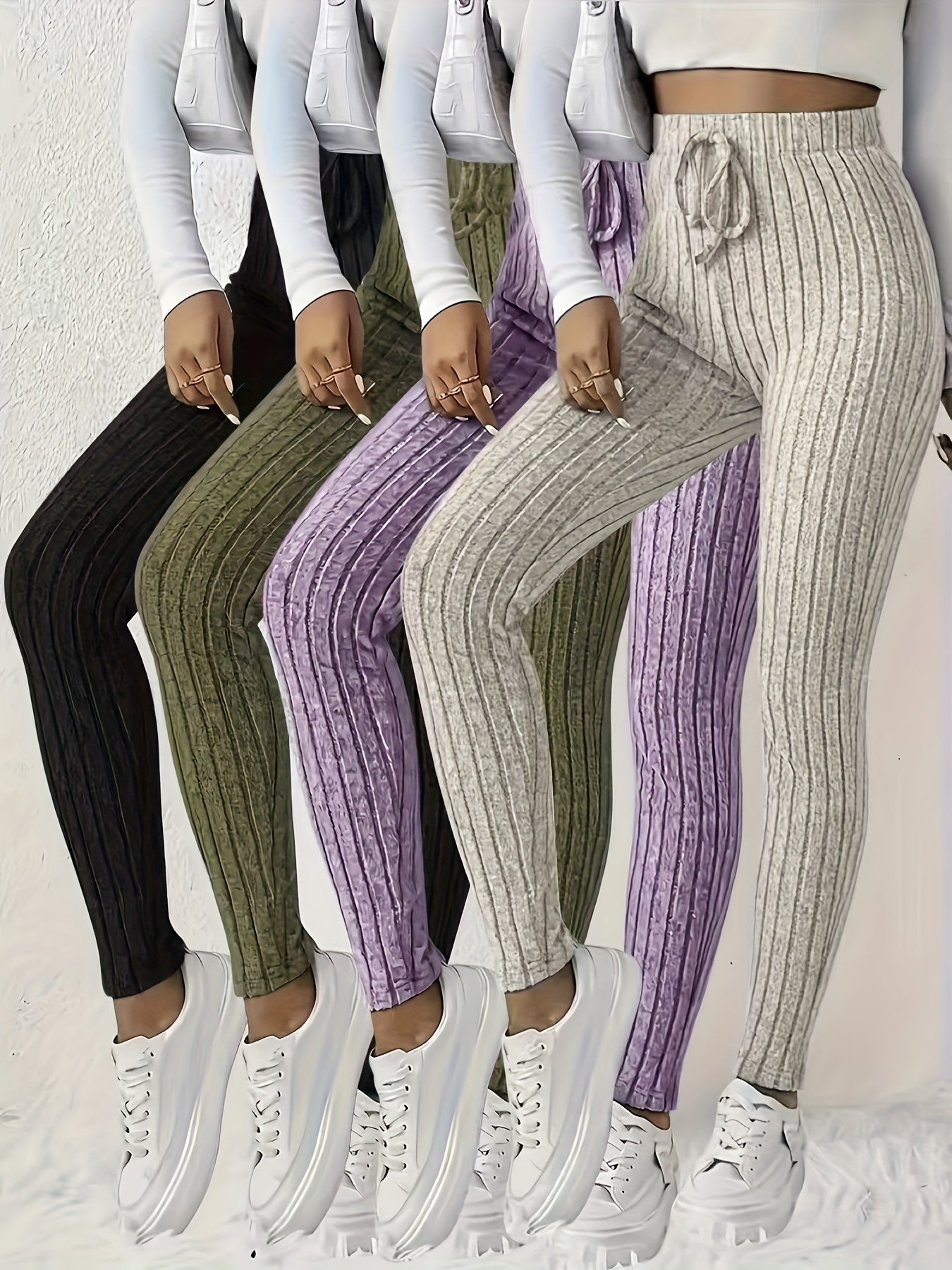 4pcs Women'S High-Waisted Leggings - Sexy Ribbed Design, Stretchy & Comfortable, Solid Colors (Black, Green, Purple, Beige) for Fall/Winter, Perfect for Running & Casual Wear, High Waisted Leggings