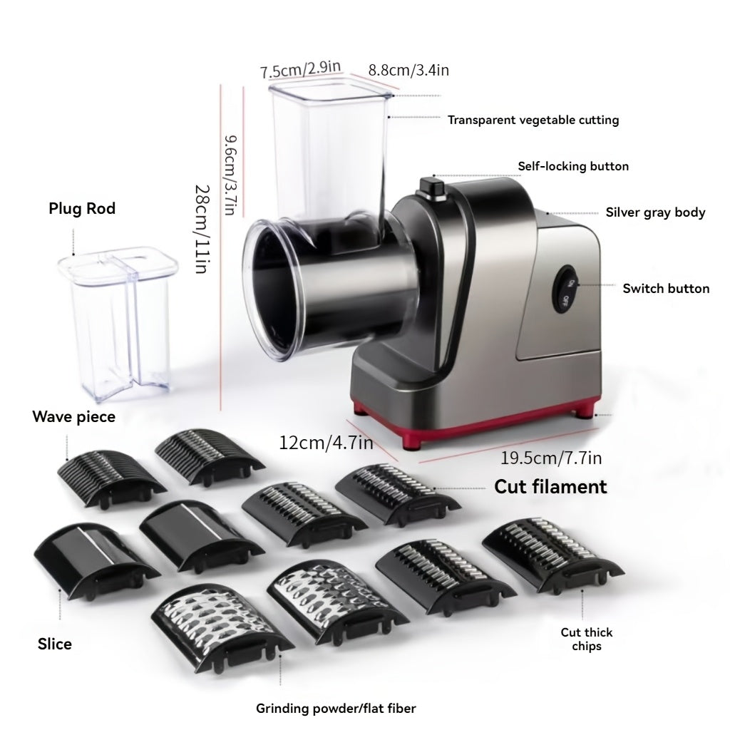 SENBOWE 5-in-1 Electric Cheese Grater & Salad Maker - Versatile Kitchen Gadget with 5 Blades for Perfect Slices, Shreds & Chops - Ideal for Cheese, Vegetables, Nuts & More - Stainless Steel, EU Plug