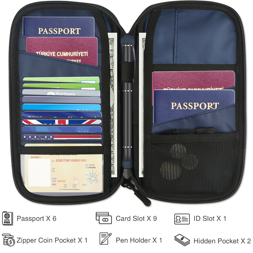 1pc Family Passport Holder With A Sim Card Slot And Eject Pin, RFID Blocking Passport Wallet, Waterproof Ticket Document Organizer Bag With Chain Strap, Up To 6 Passports 9 Credit Cards