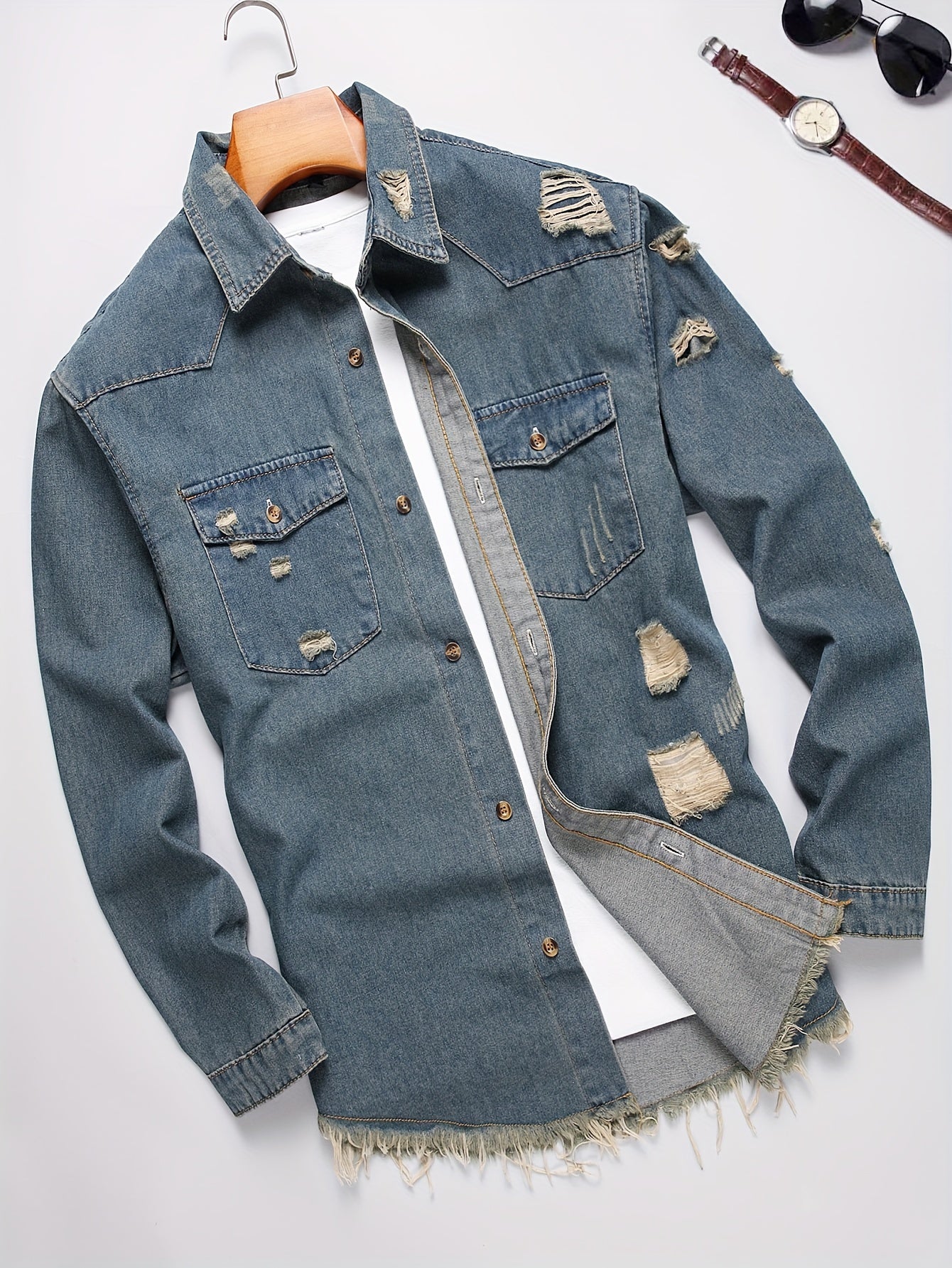 Men's Trendy Ripped Design Casual Button Up Long Sleeve Denim Shirt, Men's Clothes For Spring Summer Autumn, Tops For Men