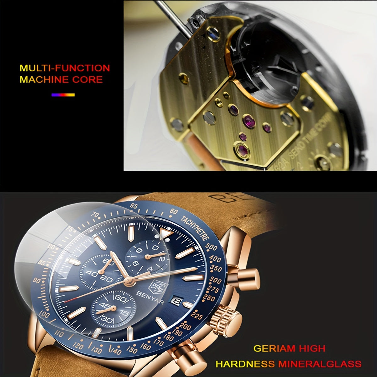 BY BENYAR Men'S Quartz Chronograph Watch - Luminous, Stainless Steel, Blue Dial with Date & Stopwatch, Faux Leather Strap, Elegant Business & Casual Style, Perfect Gift for Men, Professional Chronograph | Sleek Watch Design |
