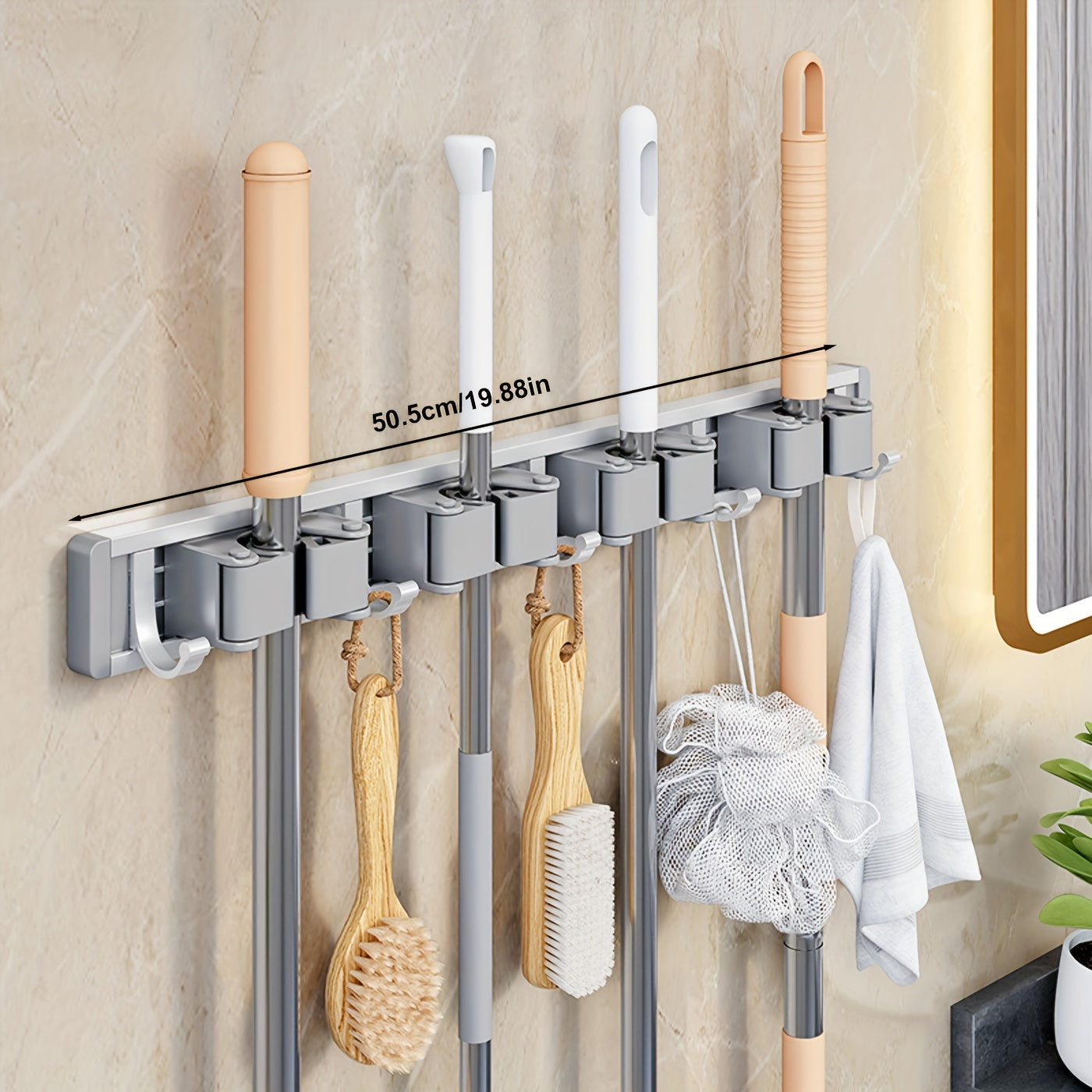 Bathroom Storage Rack Metal Mop & Broom Holder with Adjustable Hooks, Wall-Mounted Storage Organizer for Home, Kitchen, Garden, Laundry, Garage - Lacquered, Space-Saving Shelf for Mops, Brooms, Tools, Shelves
