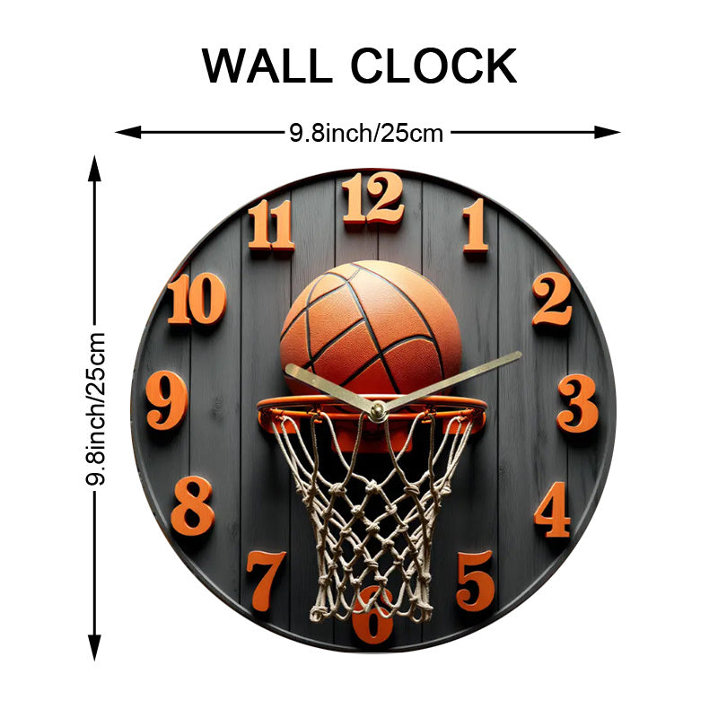 A Basketball-Themed Wall Clock Featuring a Net Design, with a Black Background And Orange Numbers. It Measures 24.89 cm And Is Powered by AA Batteries (Not Included), Making It a Great Decorative Piece for Home, Office, Or Gy