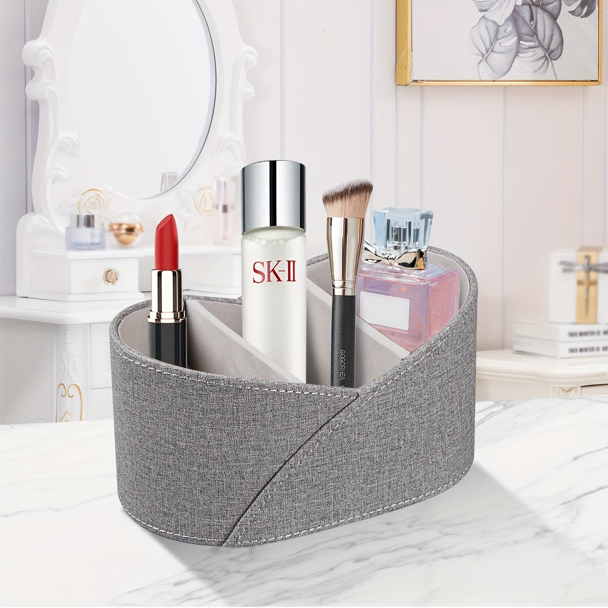 PU Leather Open Storage Box with 3 Compartments, Desktop Remote Control Holder/Makeup Organizer/Versatile Gray Storage Basket for Home Appliance Controllers, Cosmetics, Art Supplies, Stationery, Glasses, Office Supplies and A