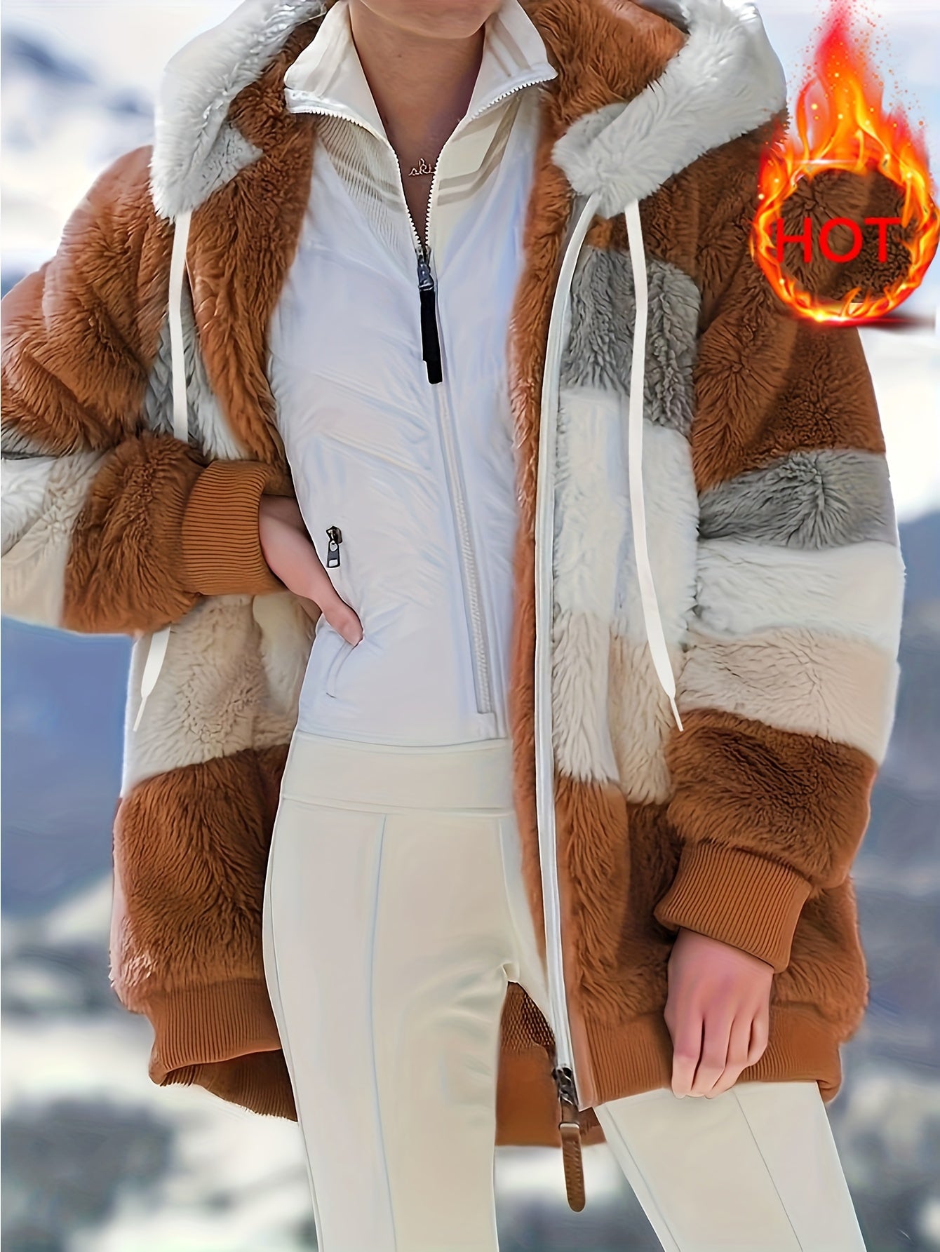 Women's Plush Faux Fur Hooded Jacket - Loose Fit Color Block Coat with Blue/Beige/White/Black Design, Long Sleeve Winter Warmth, Machine Washable for Casual & Formal Outfits, Ladies Winter Coats, Autumn Layering Piece, Formal