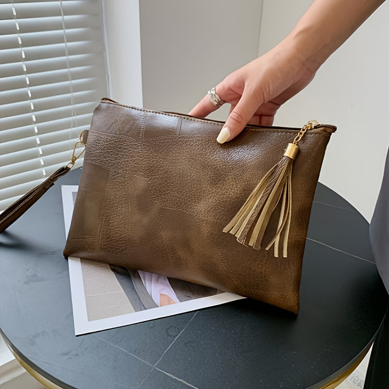 Women's Vintage Handbag & Wallet Clutch - Detachable Strap & Zipper Closure, Tassel Fringe Tassel Chain Strap, Golden-Tone Hardware, Deep Brown/Black Retro Wallet Purse for Everyday & Formal Events, Lining, Geometric Pattern,