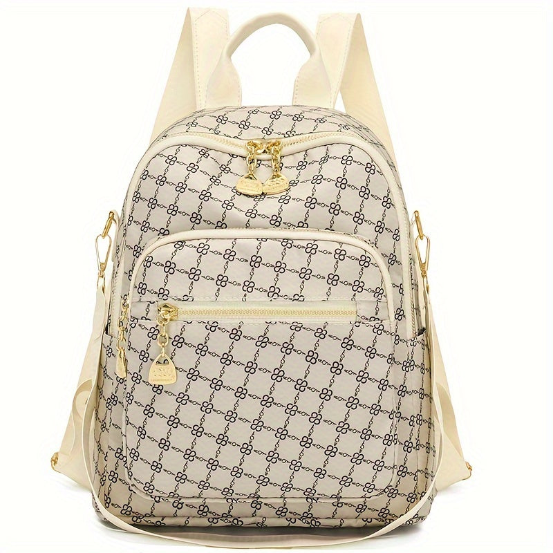 Women's Clover Backpack - Large Capacity, Adjustable Straps,, Zip Closure, Geometric Pattern, Beige//Black, Casual College Style, Perfect for Students and Travel, Backpack for School