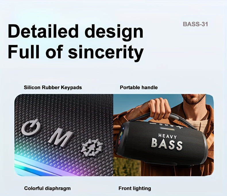 HEAVY BASS 30W Wireless Speaker with Subwoofer, USB-C Charging, Wireless, Built-in Mic, Portable PA System for Home Theater, Camping, Parties - Compatible with PC, Tablet, Smartphone, USB Drive - Ideal for DJs, Presentations,