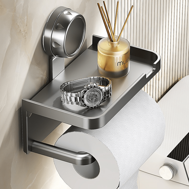 1pc Household Toilet Paper Holder with Storage Box, Suction Cup Wall-Mounted Bathroom Tissue Rack – No Drilling Required. Includes Phone Stand for Convenient Use in the Home or Shower Room, Toilet Tissue Holder for Bathroom