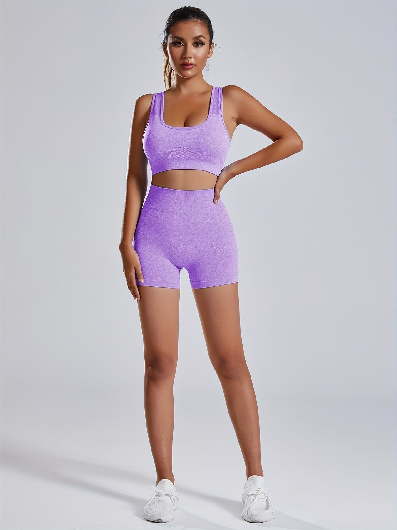 Women'S Seamless Sports Yoga Set, Summer New High Stretch Knit Fabric, Solid Color Polyamide 90% Elastane 10%, Short Length Fitness Gym Wear with Backless Bra and Butt Lifting Yoga Pants
