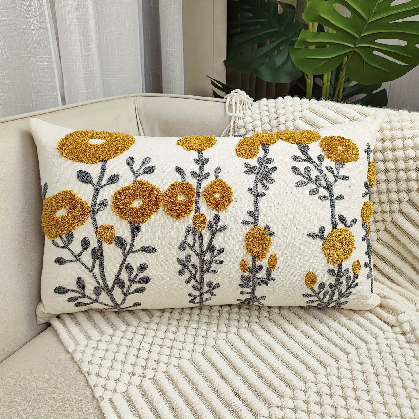 1pc Boho Floral Cushion Cover - Navy Blue & Golden Floral Pattern, Zipper Closure, Farmhouse Decor Pillow Case for Living Room, Bedroom, Sofa - No Insert Needed, Home Decoration Accent, Bedroom Accessory, Rustic Charm, Detail