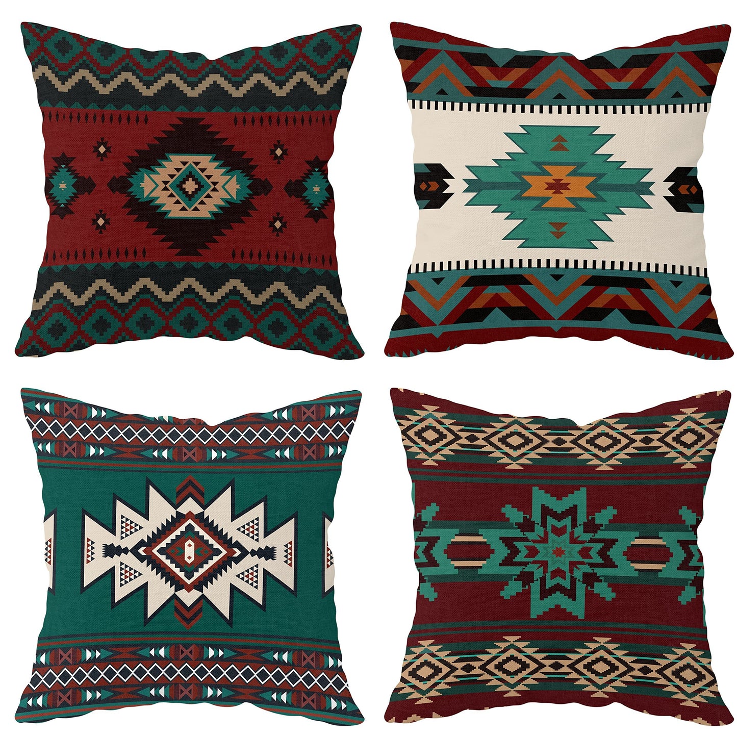 Set Of 4 Western Throw Pillow Covers Aztec Southwestern Native American Tribal Geometric Pillow Cases Turquoise Rustic Decorative Couch Cushion Covers For Outdoor Bedroom Home Decor, 45.72x45.72 Cm (Cushion Is Not Included)