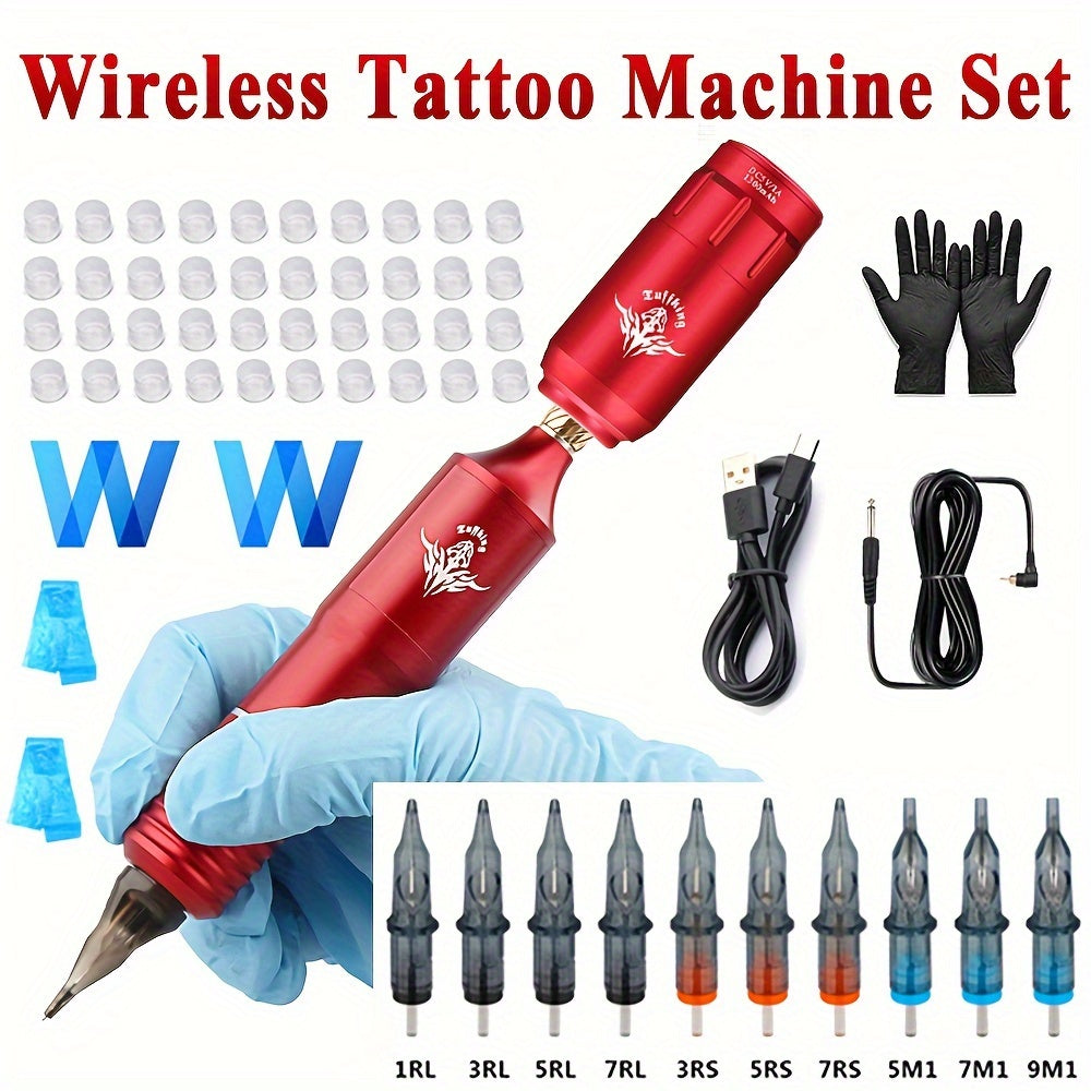 1 Set Wireless Tattoo Pen Machine Kit, Complete Tattoo Kit, Tattoo Gun With Cordless Tattoo Power Supply, 10pcs Tattoo Cartridge Needles, For Beginner And Tattoo Artists