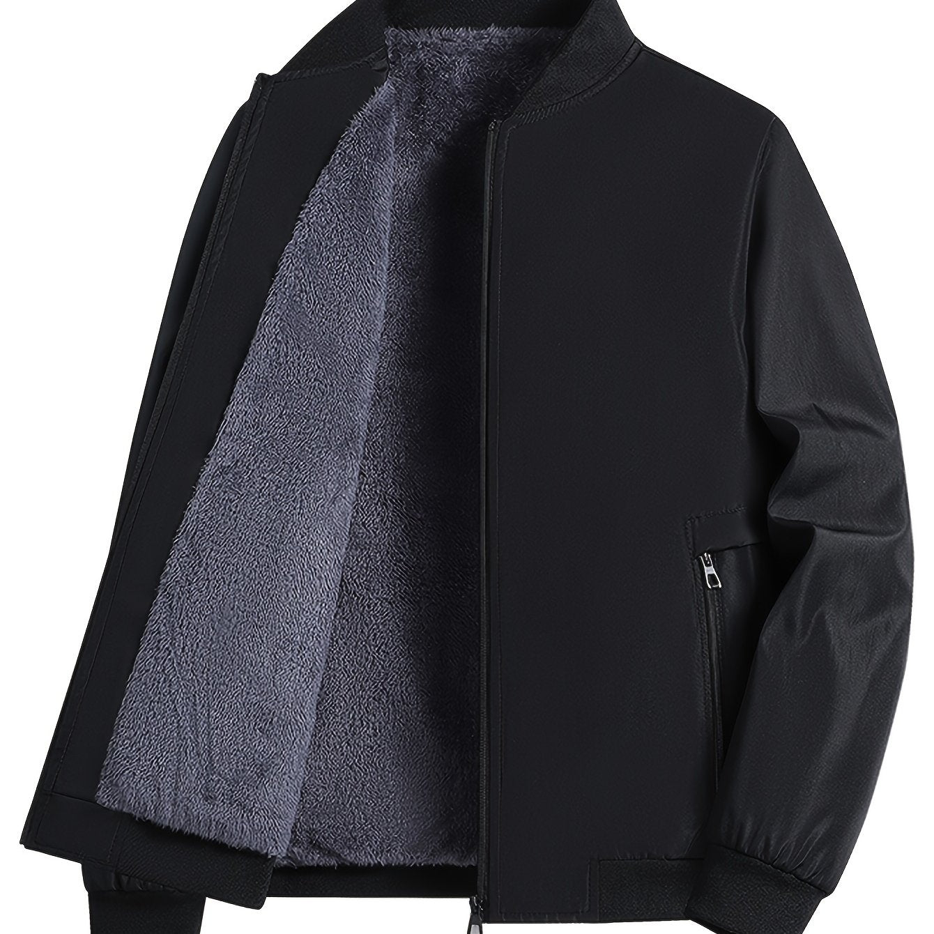 Men's Winter Insulated Full-Zip Jacket with Fleece Lining - Grey Casual Baseball Collar Coat, Zippered Pockets & Polyester Shell for Cold Weather, Outdoor & Everyday Use - Hand Washable (No Dry Clean)