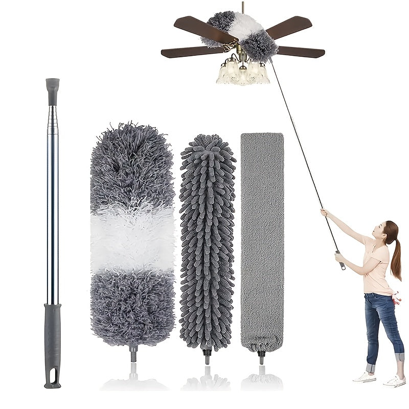 Microfiber Duster with 254.0 cm Telescopic Extension Pole Kit for High Ceilings, Cleaning Fan Spider Webs, Reusable and Washable Lightweight Ceiling Fan Nets, Blinds